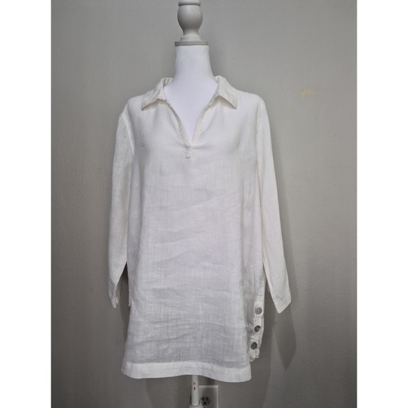 Tahari Tops - TAHARI White 100% Linen Tunic Blouse Shirt Sz L Popover Minimalist Coastal Beach